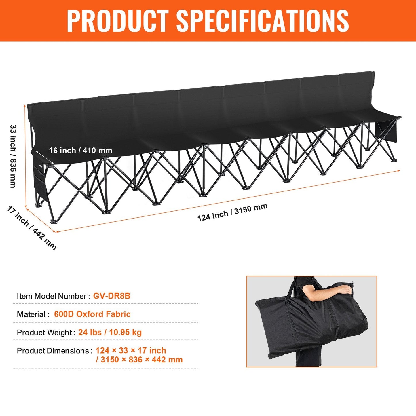 8-Seat Portable Folding Sport Bench with Carry Bag, 3.15m, 10.95 kg