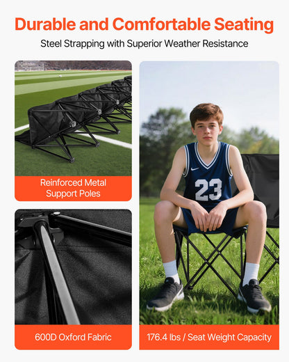 Portable Folding Bench, 6 Seat Soccer Bench with Multiple Storage Pockets & Carrying Bag, Lightweight Sideline Seating with Back Rest for Football, Baseball, Camping, Outdoor Events, Black