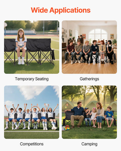Portable Folding Bench, 6 Seat Soccer Bench with Multiple Storage Pockets & Carrying Bag, Lightweight Sideline Seating with Back Rest for Football, Baseball, Camping, Outdoor Events, Black