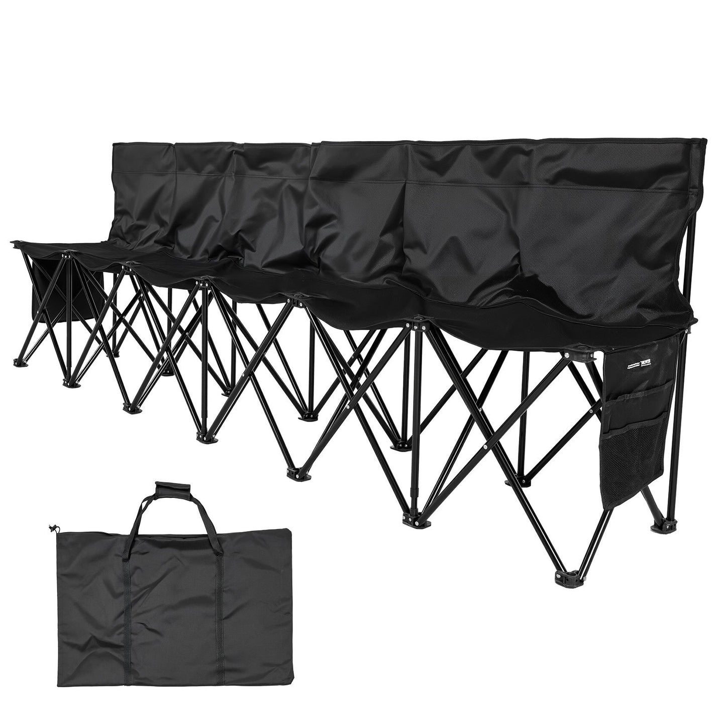 Portable Folding Bench, 6 Seat Soccer Bench with Multiple Storage Pockets & Carrying Bag, Lightweight Sideline Seating with Back Rest for Football, Baseball, Camping, Outdoor Events, Black