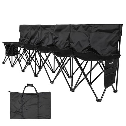 Portable Folding Bench, 6 Seat Soccer Bench with Multiple Storage Pockets & Carrying Bag, Lightweight Sideline Seating with Back Rest for Football, Baseball, Camping, Outdoor Events, Black