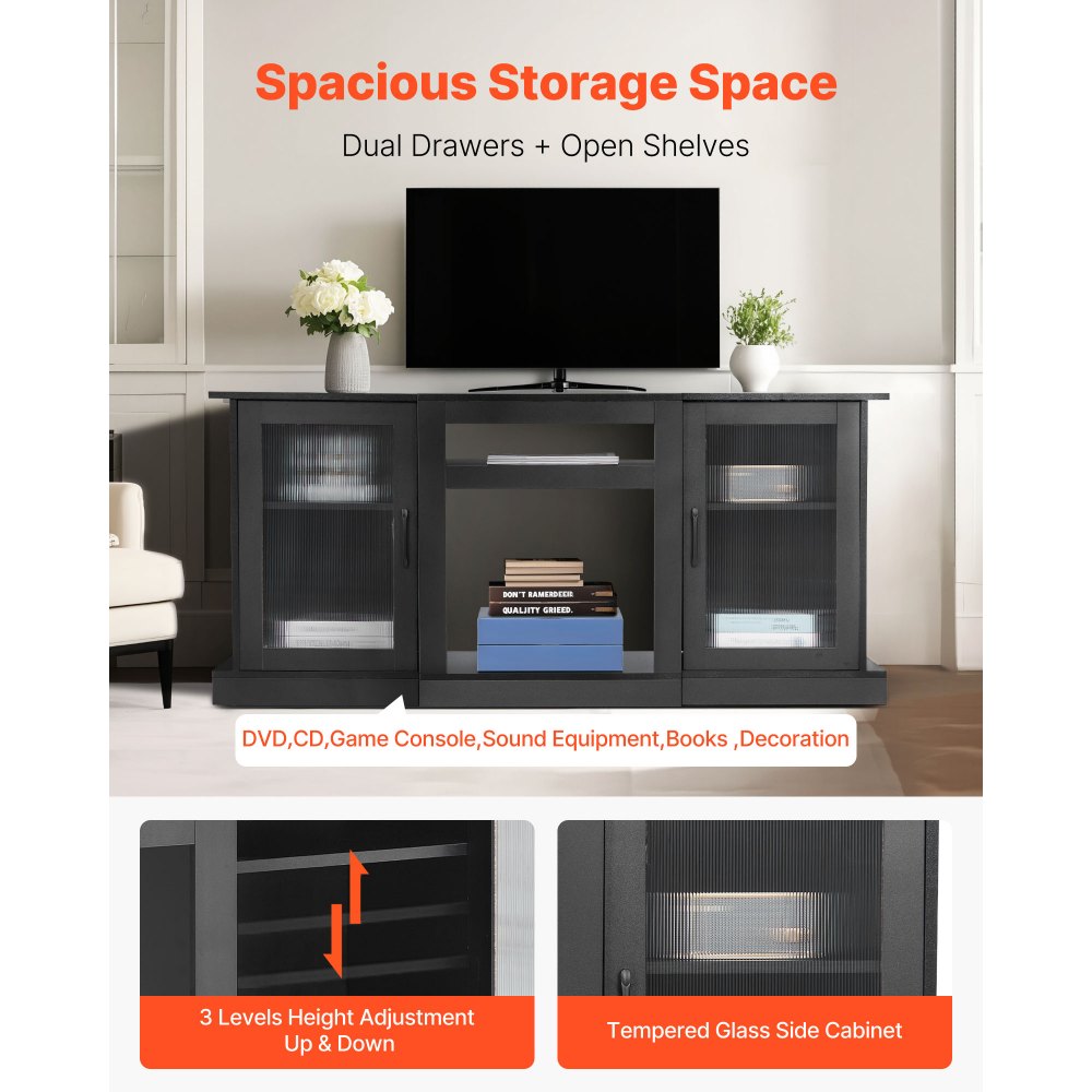 TV Stand for TVs up to 65 in Modern Entertainment Center with Glass Doors