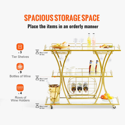 VEVOR 3 Tiers Gold Metal Bar Serving Cart with Wine Rack Glass Holder 180 LBS