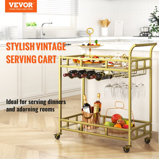 Rolling gold serving cart holds four wine bottles and three rows of wine glasses with ease