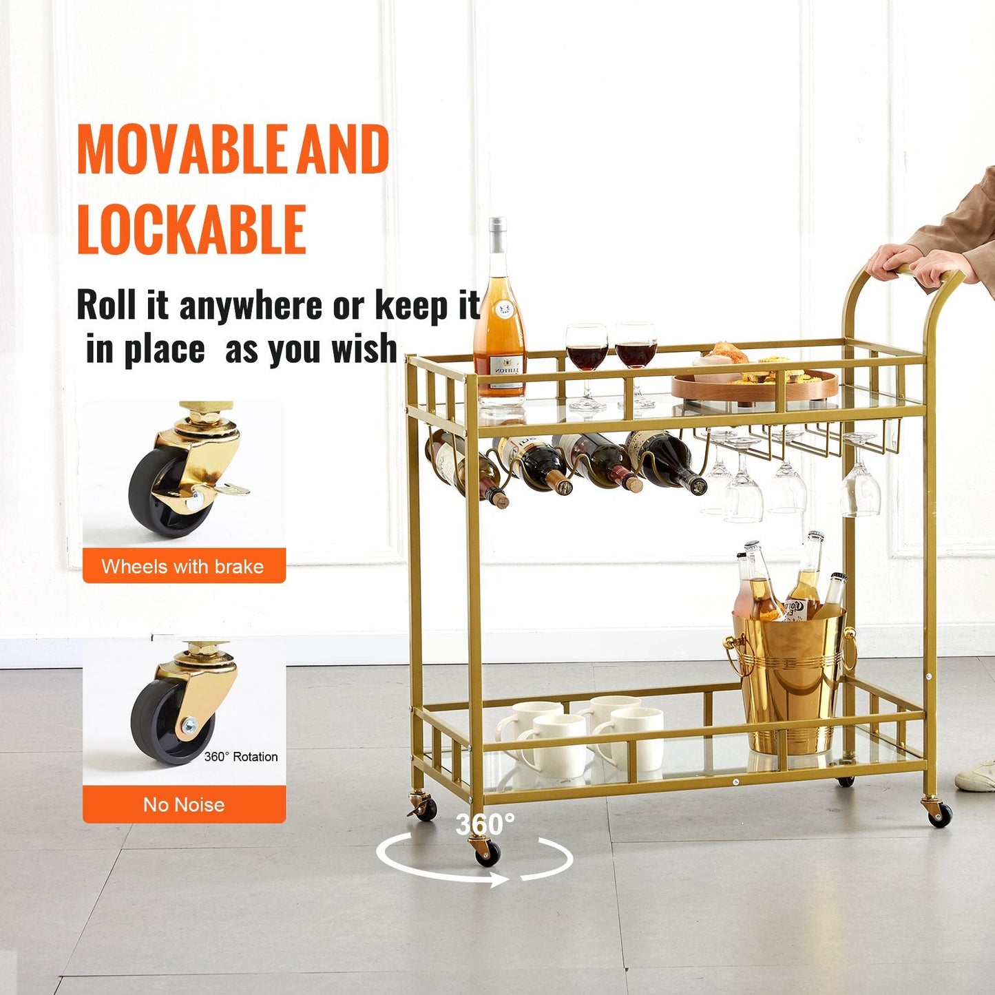 Gold Metal Bar Cart with Wine Rack & Glass Holder, 2 Tiers, 85.5x38x93 cm