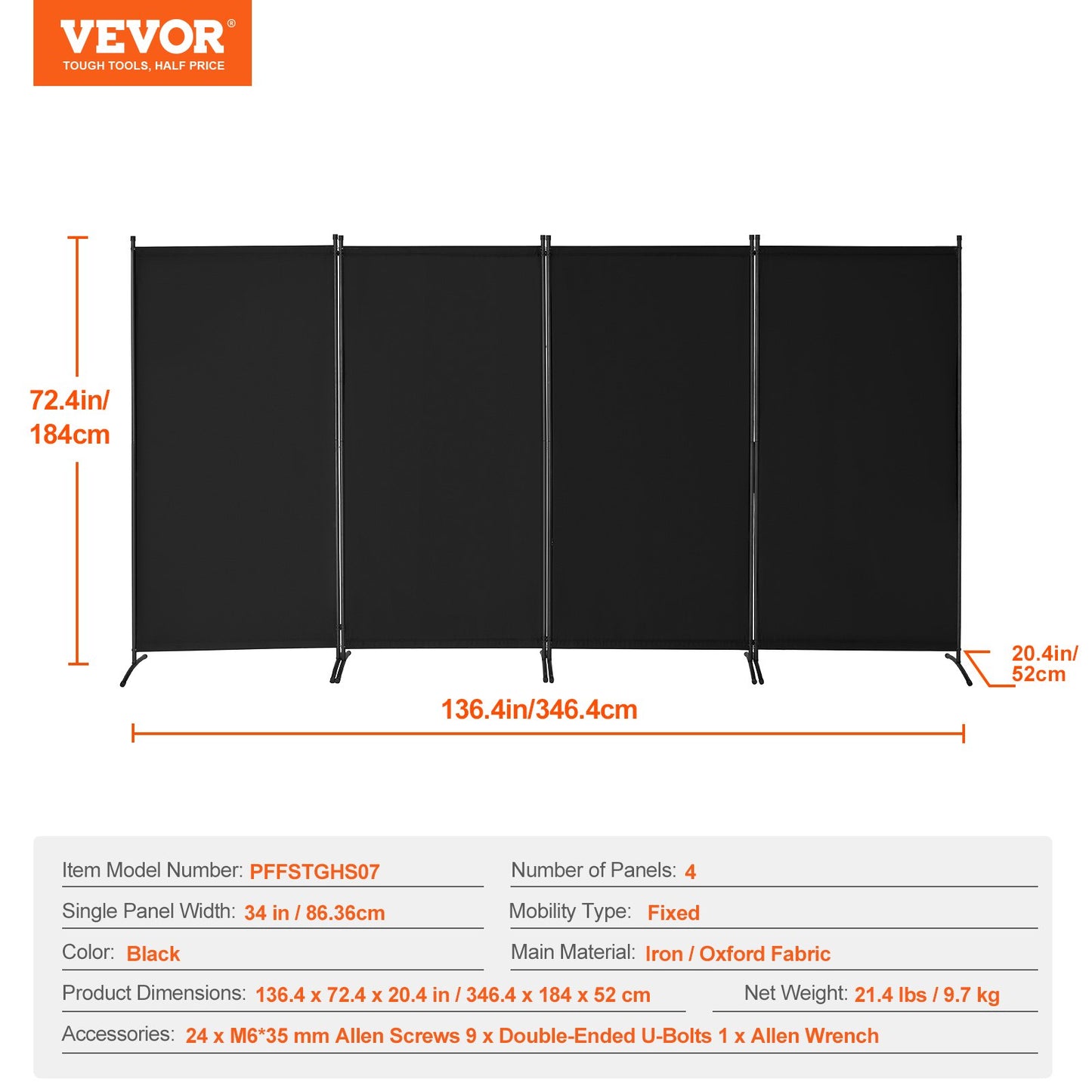 VEVOR Room Divider 4 Panels Fabric Privacy Screen for Office Bedroom Black
