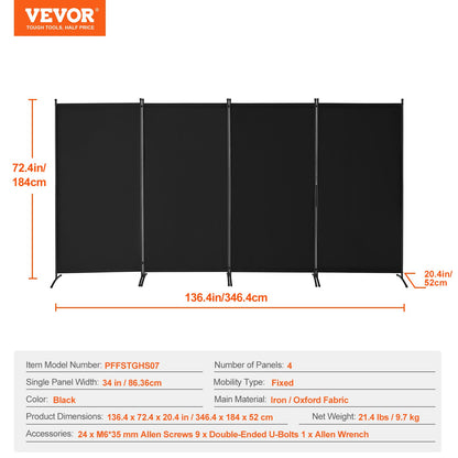 VEVOR Room Divider 4 Panels Fabric Privacy Screen for Office Bedroom Black