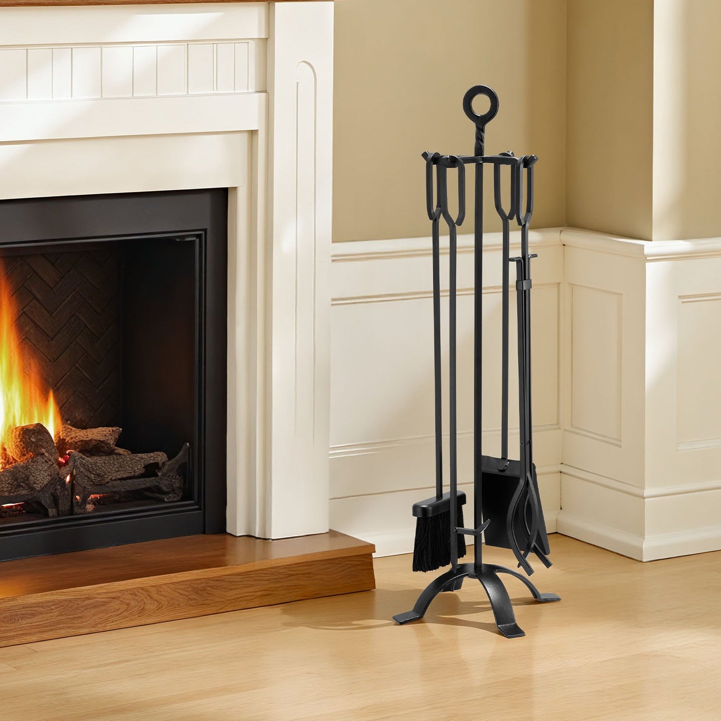Fireplace Tool Set, 5 PCS Fire Tool Set and Holder with Four-Prong Stand, Tongs, Ash Shovel, Brush, Fire Place Poker, Wrought Iron Fireplace Accessories for Campfire Indoor/Outdoor, Black