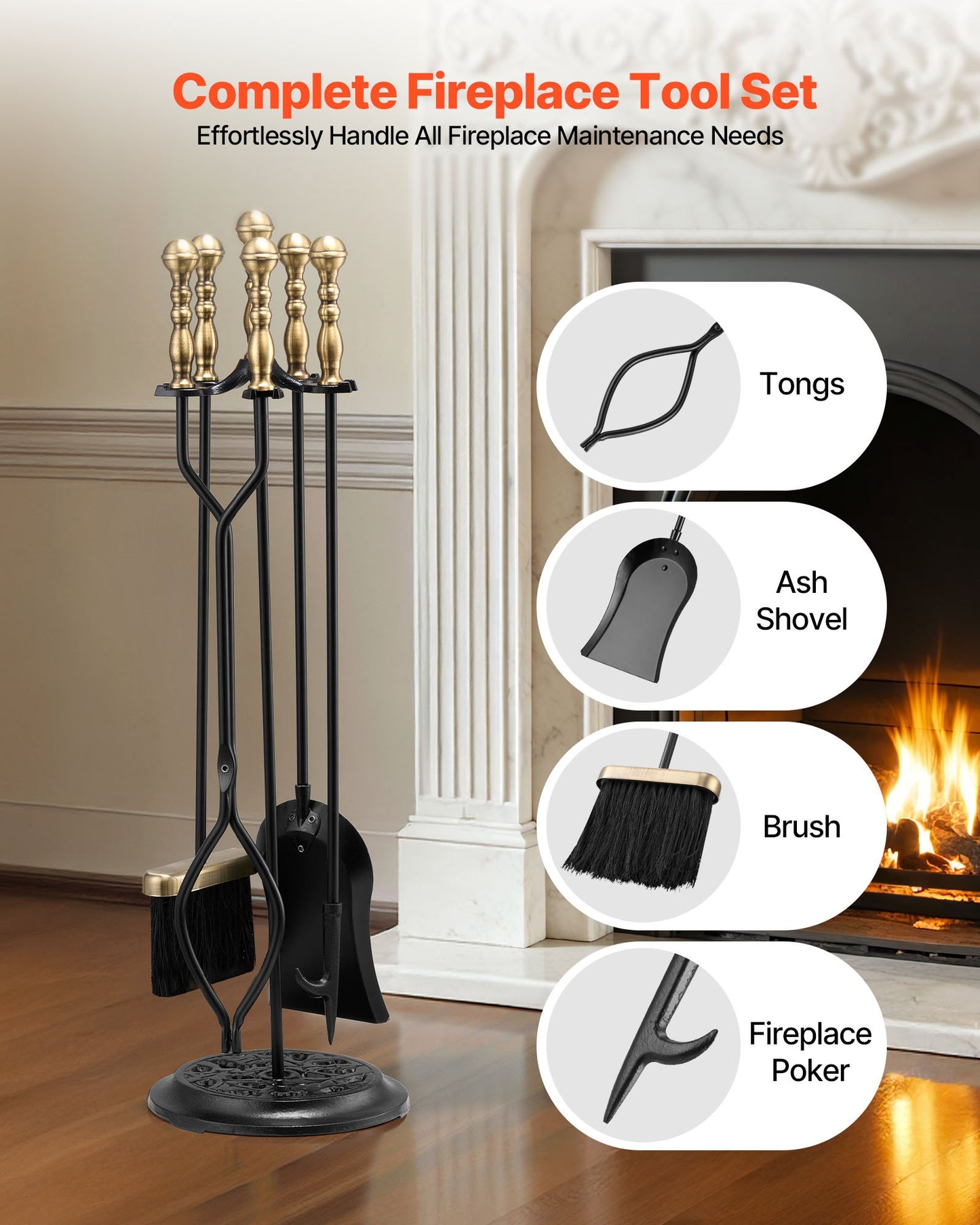 Fireplace Tool Set, 5 PCS Fire Tool Set and Holder with Five-Prong Stand, Tongs, Ash Shovel, Brush, Fire Place Poker, Wrought Iron Fireplace Accessories for Indoor/Outdoor, Black & Brass