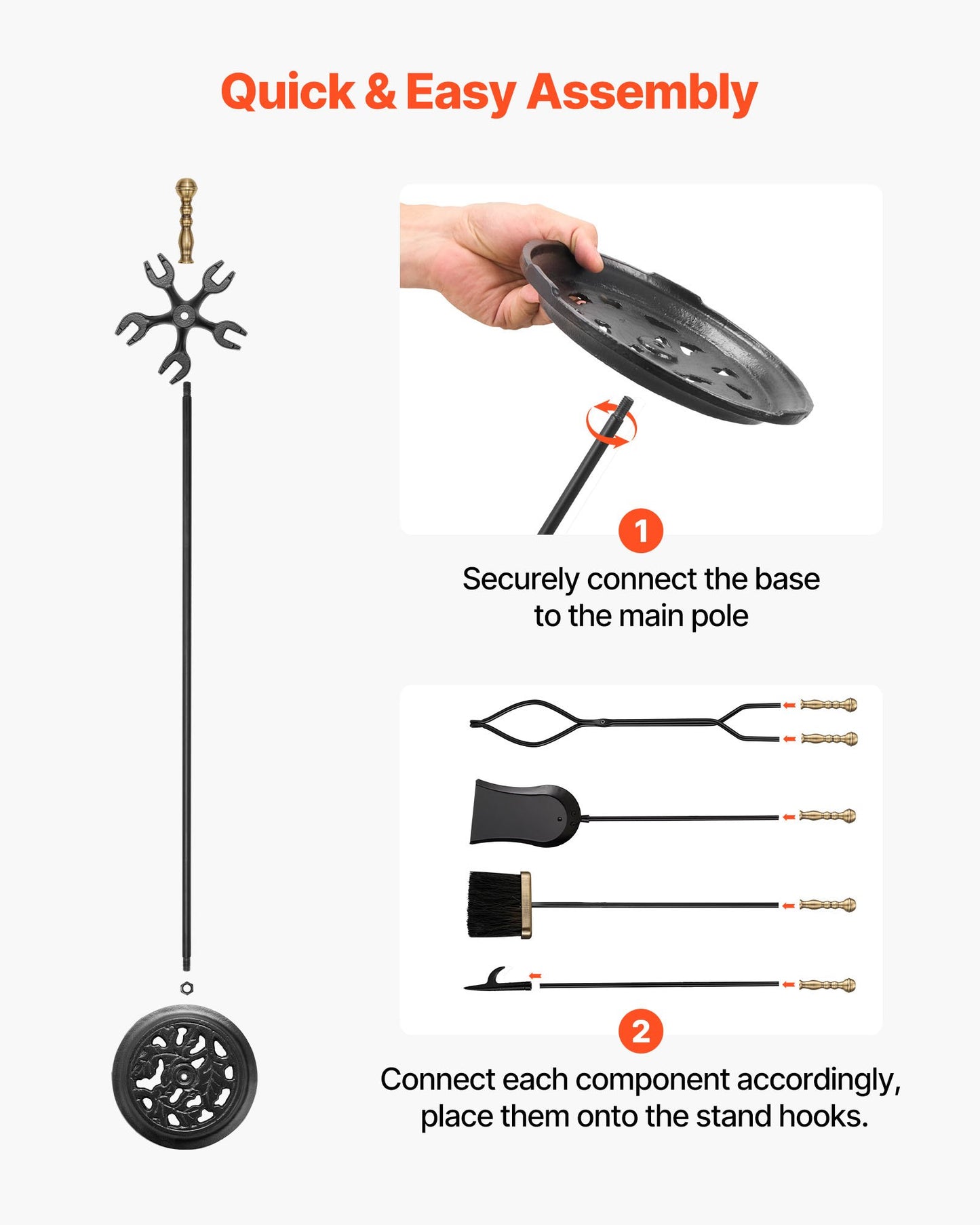 Fireplace Tool Set, 5 PCS Fire Tool Set and Holder with Five-Prong Stand, Tongs, Ash Shovel, Brush, Fire Place Poker, Wrought Iron Fireplace Accessories for Indoor/Outdoor, Black & Brass