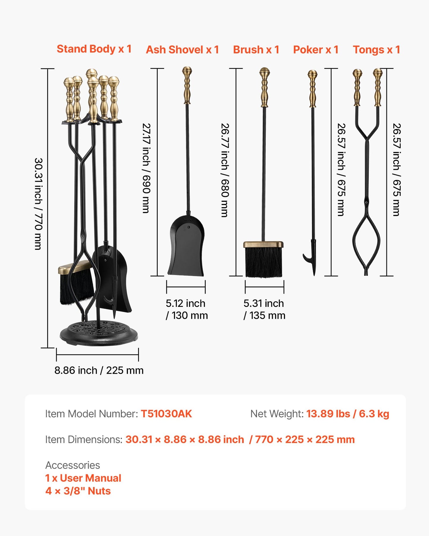 Fireplace Tool Set, 5 PCS Fire Tool Set and Holder with Five-Prong Stand, Tongs, Ash Shovel, Brush, Fire Place Poker, Wrought Iron Fireplace Accessories for Indoor/Outdoor, Black & Brass