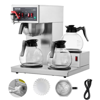 12-Cup Commercial Drip Coffee Maker with 3 Carafes and Warming Plates