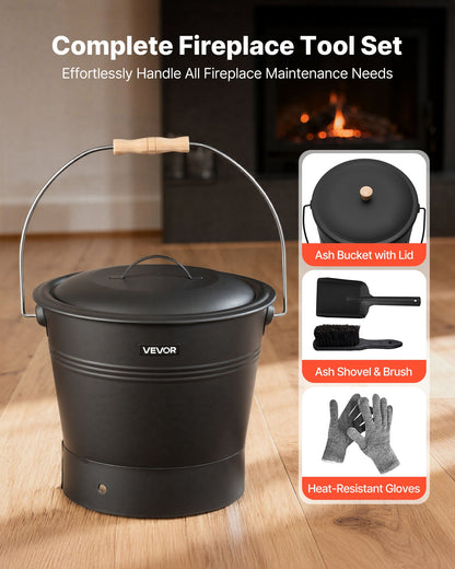 Ash Bucket, 4 PCS with Lid, Shovel, Broom and Gloves, Metal Fireplace Charcoal Bucket and Ash Can, 9.8L Large Capacity for Fireplace, Fire Pits, Wood Burning Stoves, Indoor and Outdoor