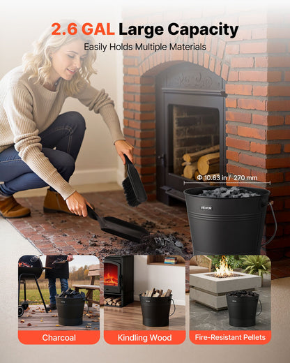Ash Bucket, 4 PCS with Lid, Shovel, Broom and Gloves, Metal Fireplace Charcoal Bucket and Ash Can, 9.8L Large Capacity for Fireplace, Fire Pits, Wood Burning Stoves, Indoor and Outdoor