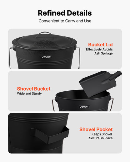 Ash Bucket, 4 PCS with Lid, Shovel, Broom and Gloves, Metal Fireplace Charcoal Bucket and Ash Can, 9.8L Large Capacity for Fireplace, Fire Pits, Wood Burning Stoves, Indoor and Outdoor