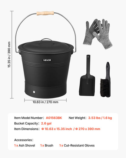 Ash Bucket, 4 PCS with Lid, Shovel, Broom and Gloves, Metal Fireplace Charcoal Bucket and Ash Can, 9.8L Large Capacity for Fireplace, Fire Pits, Wood Burning Stoves, Indoor and Outdoor