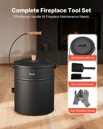 Ash Bucket, 4 PCS with Lid, Shovel, Broom and Gloves, Metal Fireplace Charcoal Bucket and Ash Can, 15L Large Capacity for Fireplace, Fire Pits, Wood Burning Stoves, Indoor and Outdoor