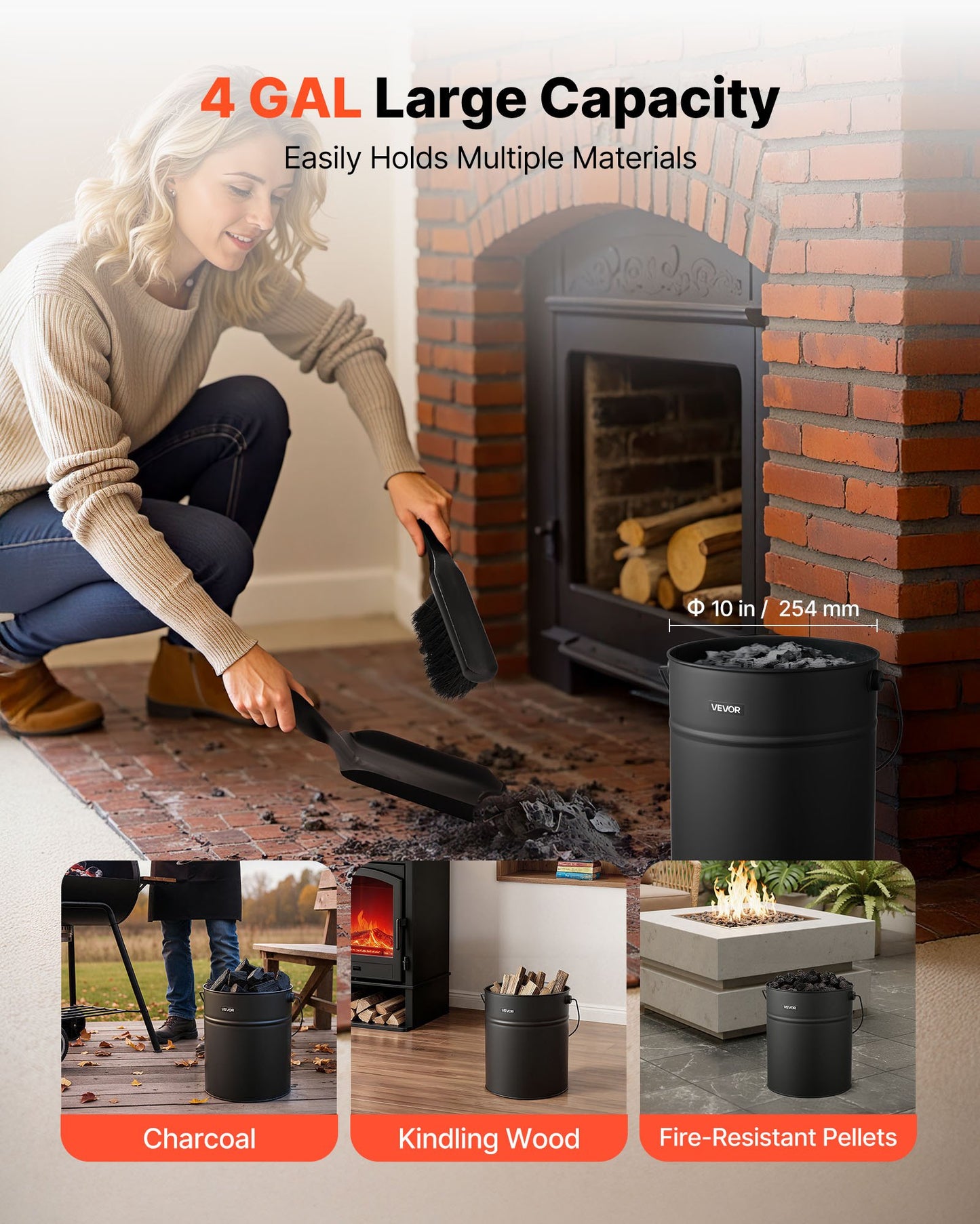 Ash Bucket, 4 PCS with Lid, Shovel, Broom and Gloves, Metal Fireplace Charcoal Bucket and Ash Can, 15L Large Capacity for Fireplace, Fire Pits, Wood Burning Stoves, Indoor and Outdoor