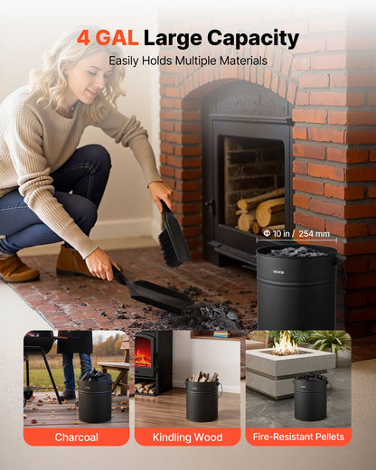 Ash Bucket, 4 PCS with Lid, Shovel, Broom and Gloves, Metal Fireplace Charcoal Bucket and Ash Can, 15L Large Capacity for Fireplace, Fire Pits, Wood Burning Stoves, Indoor and Outdoor