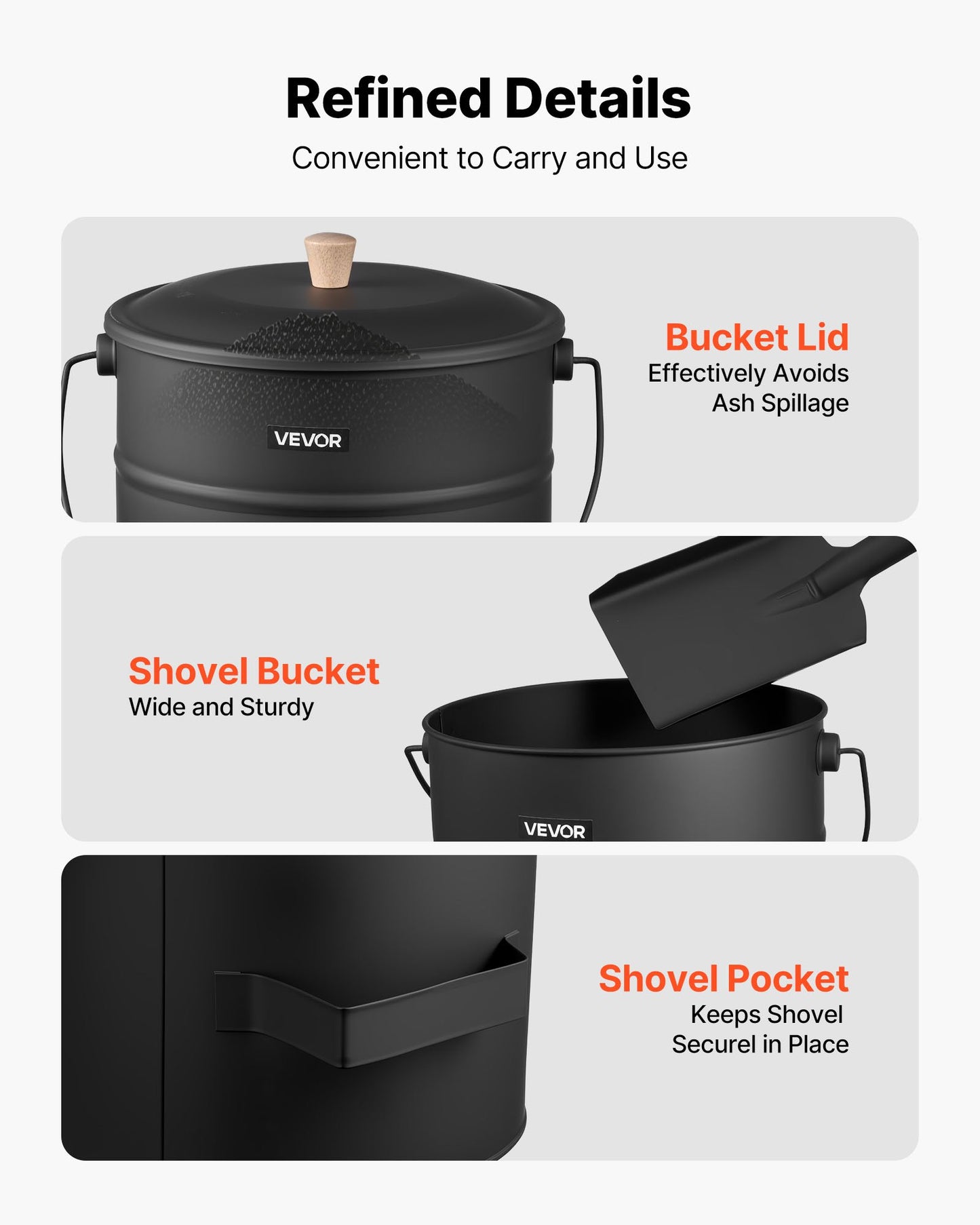 Ash Bucket, 4 PCS with Lid, Shovel, Broom and Gloves, Metal Fireplace Charcoal Bucket and Ash Can, 15L Large Capacity for Fireplace, Fire Pits, Wood Burning Stoves, Indoor and Outdoor