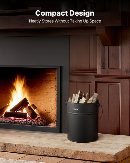 Ash Bucket, 4 PCS with Lid, Shovel, Broom and Gloves, Metal Fireplace Charcoal Bucket and Ash Can, 15L Large Capacity for Fireplace, Fire Pits, Wood Burning Stoves, Indoor and Outdoor