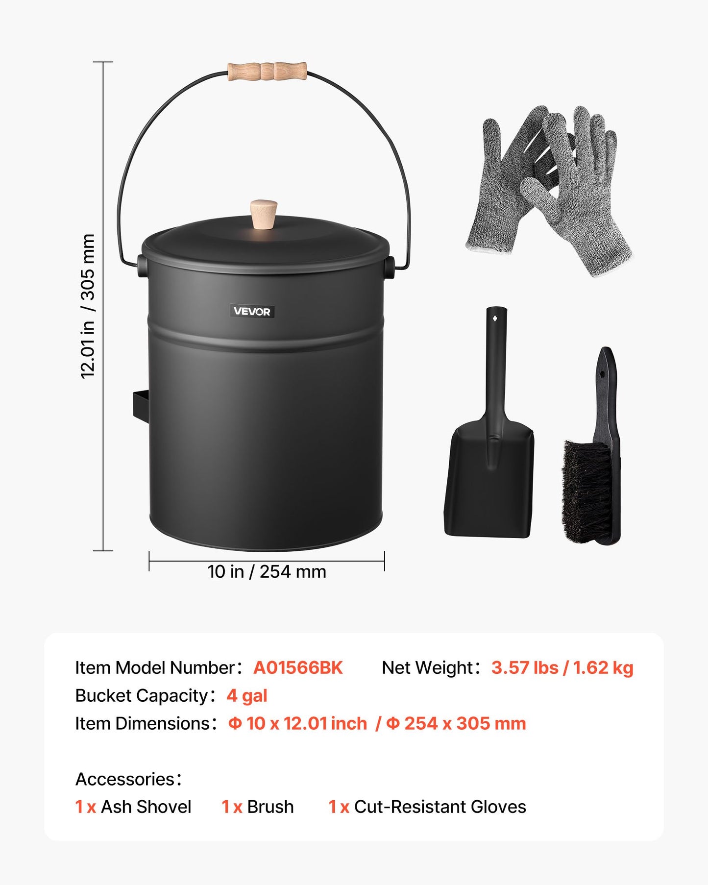 Ash Bucket, 4 PCS with Lid, Shovel, Broom and Gloves, Metal Fireplace Charcoal Bucket and Ash Can, 15L Large Capacity for Fireplace, Fire Pits, Wood Burning Stoves, Indoor and Outdoor