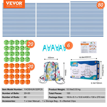 VEVOR Tent Fort Building Kit for Kids STEM Construction Toy Set Castle 120PCS