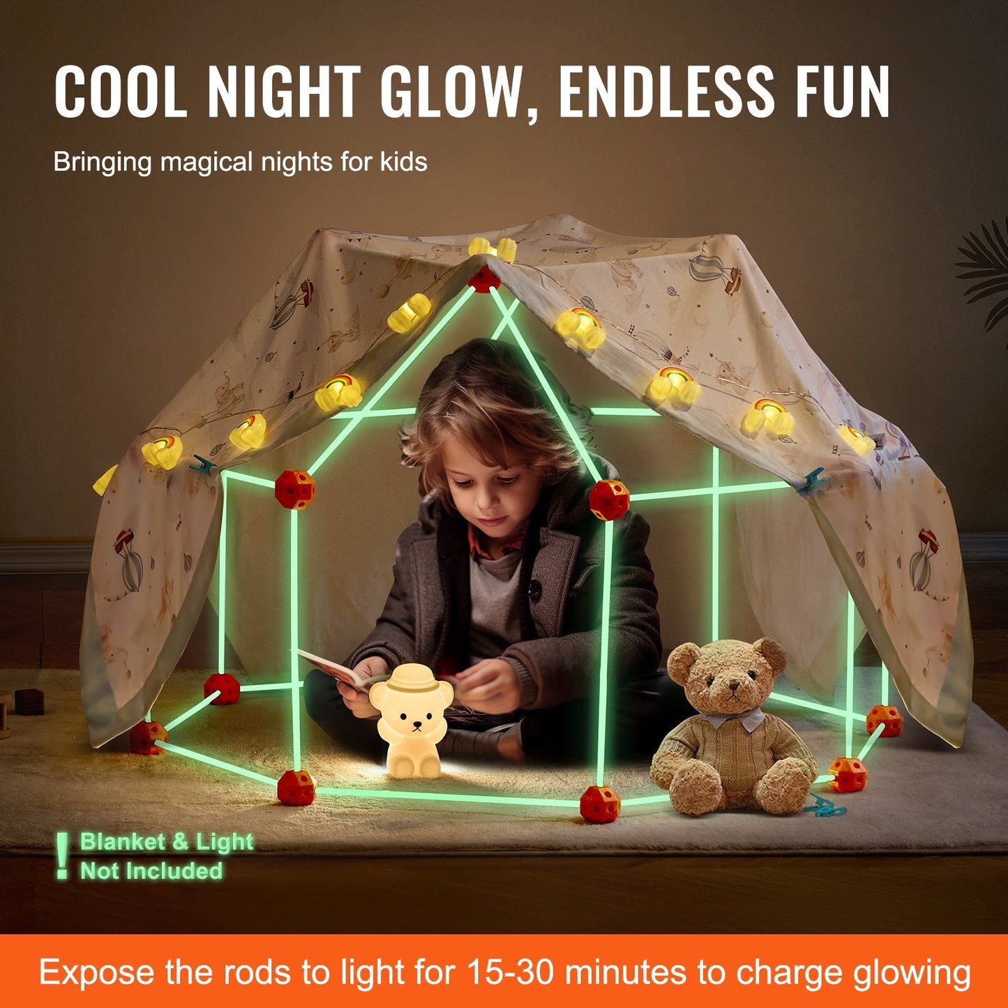 Glow-in-the-Dark Kids' Fort Building Kit - 140 Piece STEM Toy, 2.8 kg