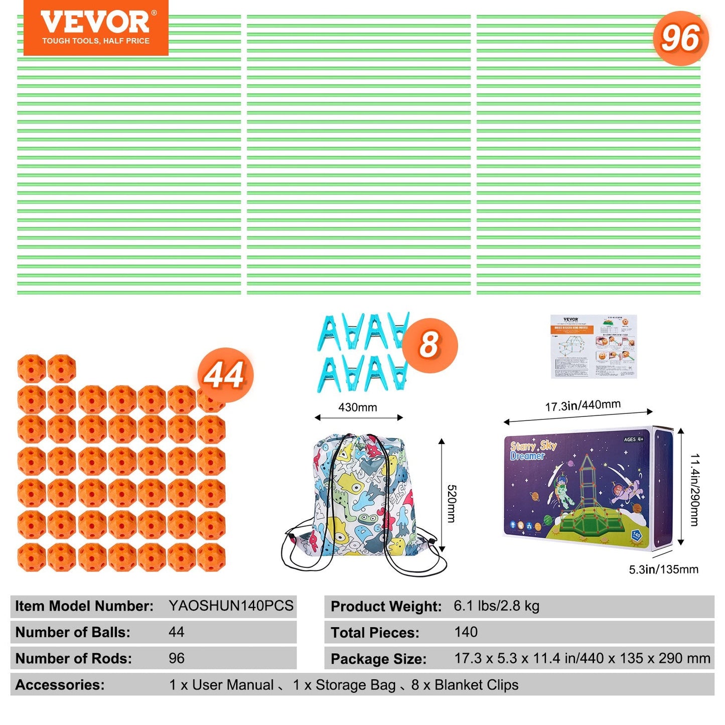 Glow-in-the-Dark Kids' Fort Building Kit - 140 Piece STEM Toy, 2.8 kg