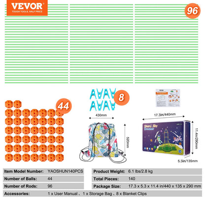 Glow-in-the-Dark Kids' Fort Building Kit - 140 Piece STEM Toy, 2.8 kg