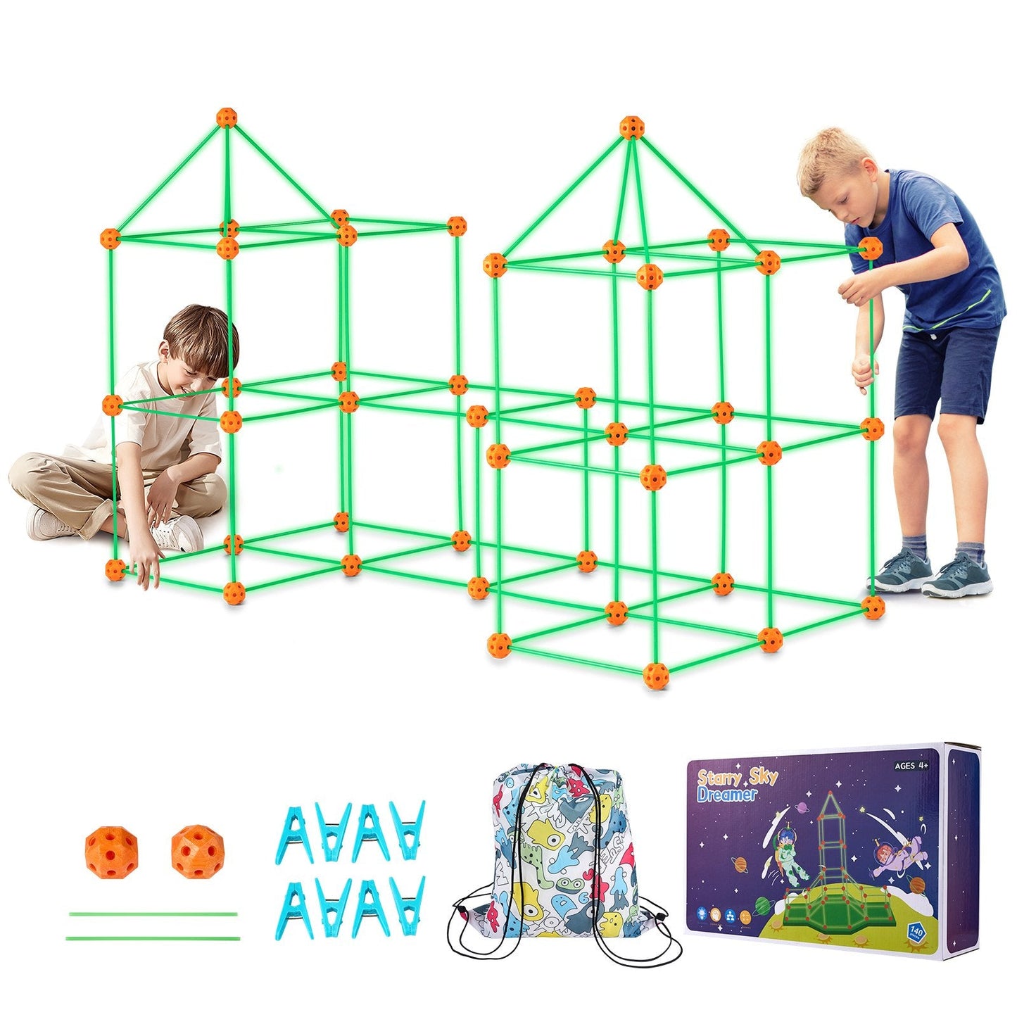 Glow-in-the-Dark Kids' Fort Building Kit - 140 Piece STEM Toy, 2.8 kg
