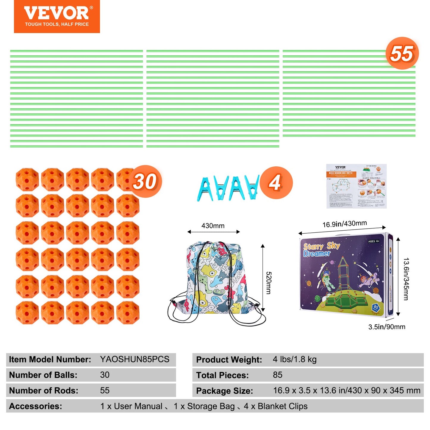 VEVOR Tent Fort Building Kit for Kids Glow In The Dark STEM Construction Toy 85P