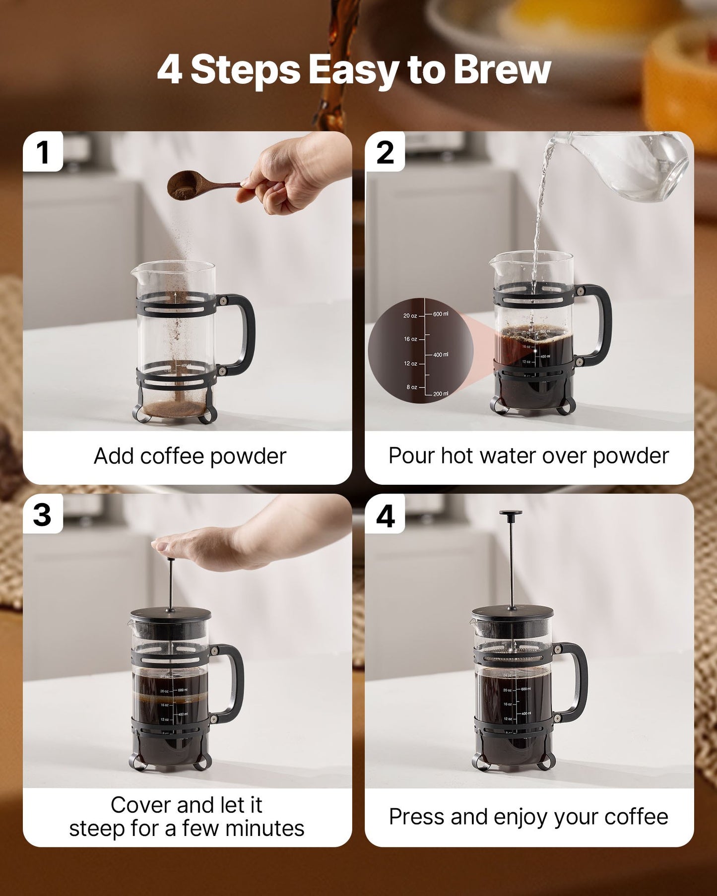 French Press Coffee Maker, 1 Liter Borosilicate Glass Coffee Press Tea Maker with Stainless Steel Filter, Large Glass French Presses Cold Brew for Camping Travel Home Kitchen, Silver
