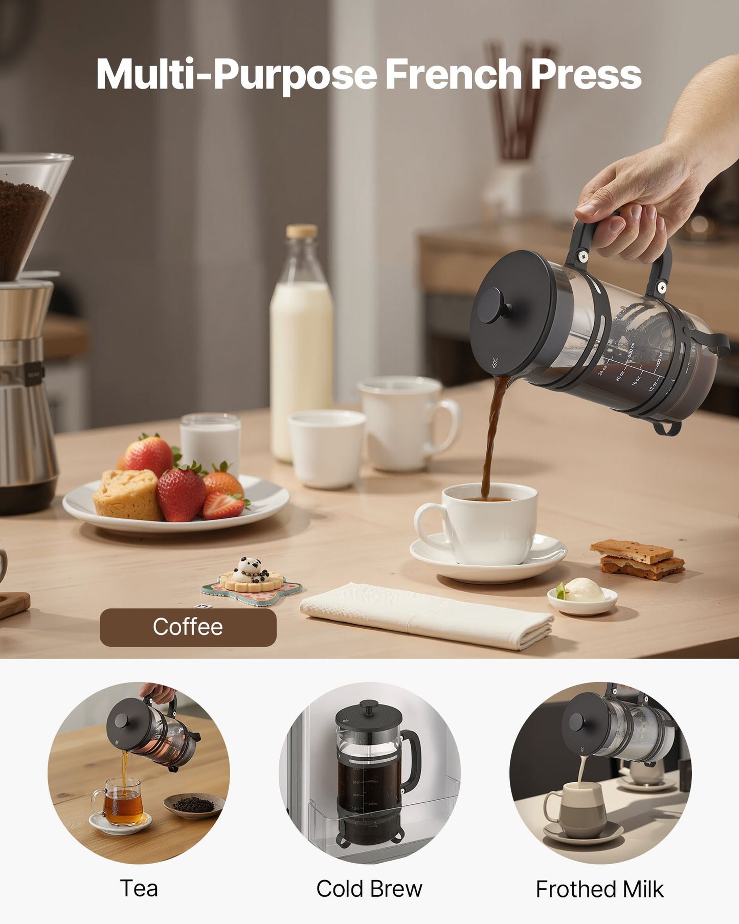French Press Coffee Maker, 1 Liter Borosilicate Glass Coffee Press Tea Maker with Stainless Steel Filter, Large Glass French Presses Cold Brew for Camping Travel Home Kitchen, Silver
