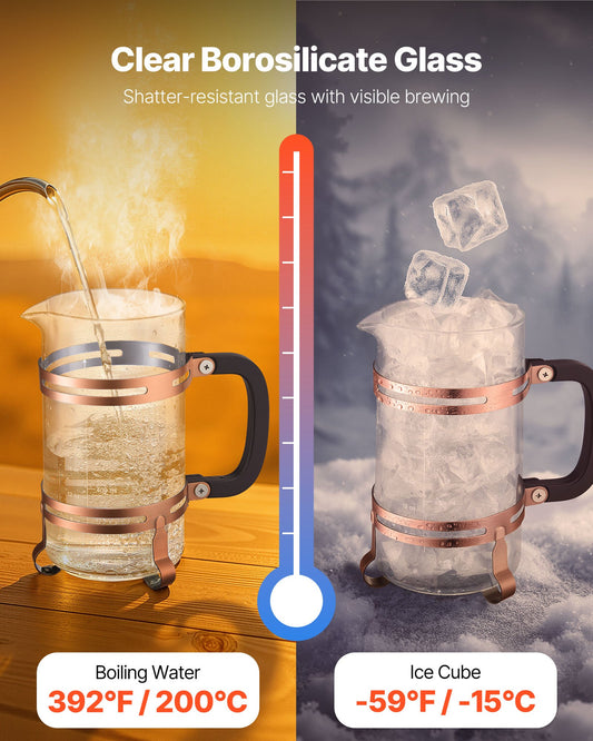 French Press Coffee Maker, 1 Liter Borosilicate Glass Coffee Press Tea Maker with Stainless Steel Filter, Large Glass French Presses Cold Brew for Camping Travel Home Kitchen, Copper