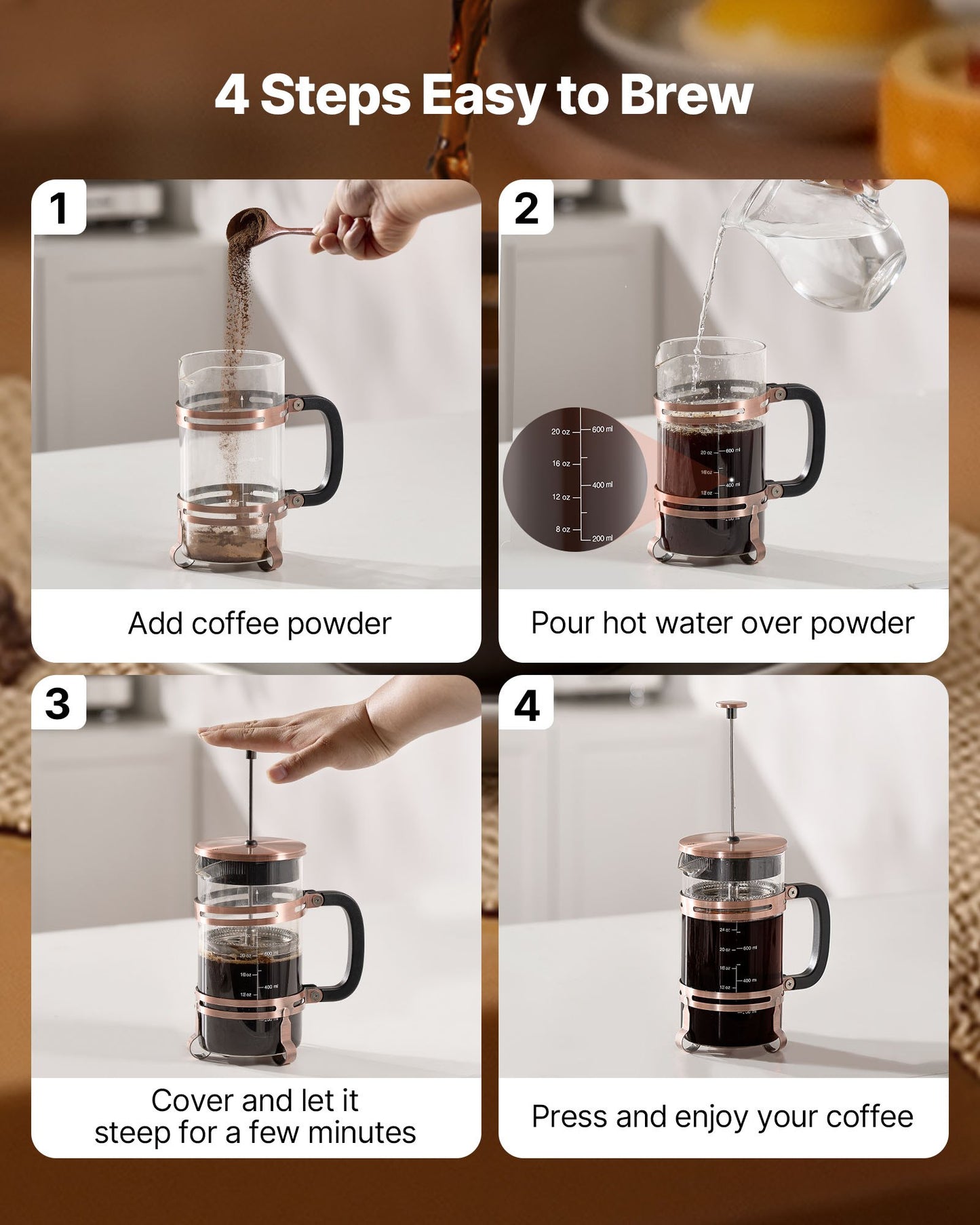 French Press Coffee Maker, 1 Liter Borosilicate Glass Coffee Press Tea Maker with Stainless Steel Filter, Large Glass French Presses Cold Brew for Camping Travel Home Kitchen, Copper