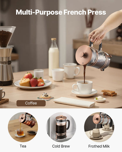 French Press Coffee Maker, 1 Liter Borosilicate Glass Coffee Press Tea Maker with Stainless Steel Filter, Large Glass French Presses Cold Brew for Camping Travel Home Kitchen, Copper