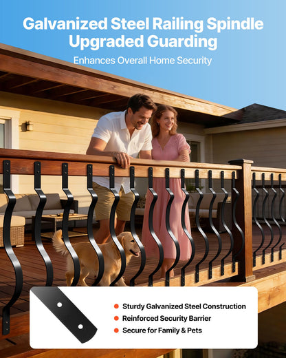 61 Pack Deck Balusters, 82 x 2.54 cm Metal Railing Spindles, Galvanized Steel Decking Stair Balusters with Screws, Stylish Wavy Design for Outdoor Deck, Porch & Staircase Railing Fence, Black