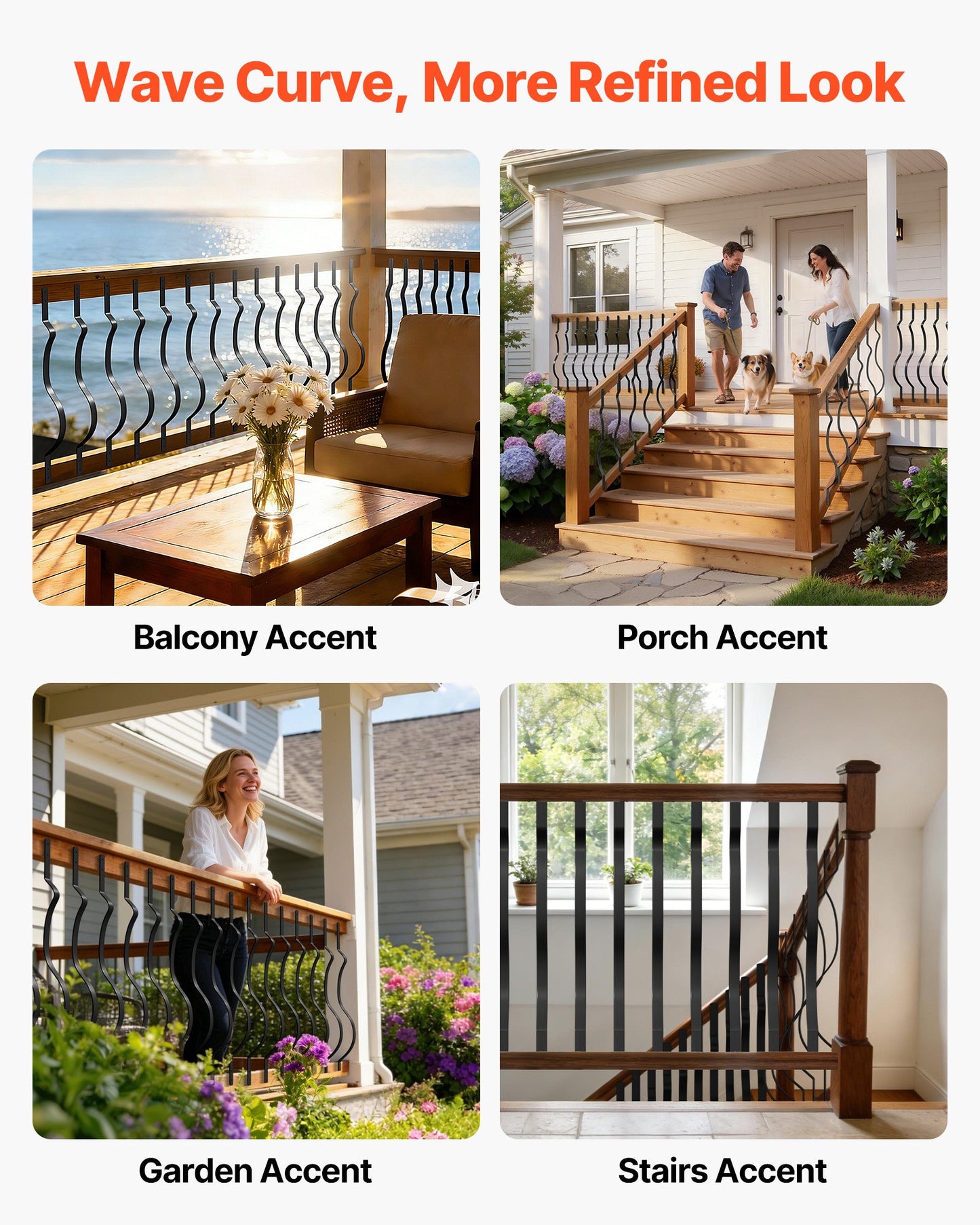 61 Pack Deck Balusters, 82 x 2.54 cm Metal Railing Spindles, Galvanized Steel Decking Stair Balusters with Screws, Stylish Wavy Design for Outdoor Deck, Porch & Staircase Railing Fence, Black