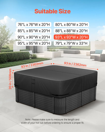 Outdoor Hot Tub Cover, 2362 x 2362 x 508 mm Weatherproof & Waterproof Hot Tub Cover Protector, 600D Heavy Duty Oxford Fabric and 950N Tearing Strength, Square Spa Covers for Hottub, Black
