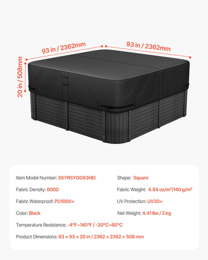 Outdoor Hot Tub Cover, 2362 x 2362 x 508 mm Weatherproof & Waterproof Hot Tub Cover Protector, 600D Heavy Duty Oxford Fabric and 950N Tearing Strength, Square Spa Covers for Hottub, Black