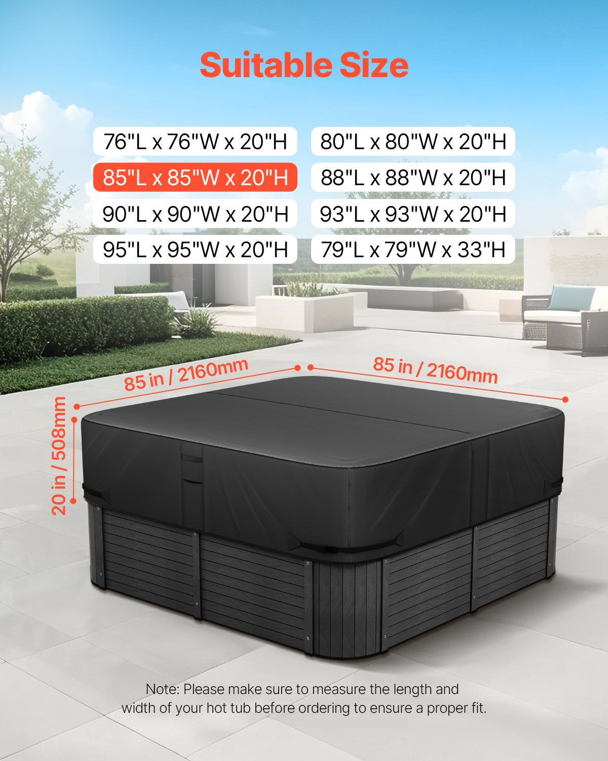 Outdoor Hot Tub Cover, 2160 x 2160 x 508 mm Weatherproof & Waterproof Hot Tub Cover Protector, 600D Heavy Duty Oxford Fabric and 950N Tearing Strength, Square Spa Covers for Hottub, Black