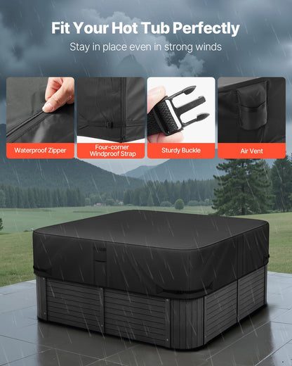 Outdoor Hot Tub Cover, 2160 x 2160 x 508 mm Weatherproof & Waterproof Hot Tub Cover Protector, 600D Heavy Duty Oxford Fabric and 950N Tearing Strength, Square Spa Covers for Hottub, Black