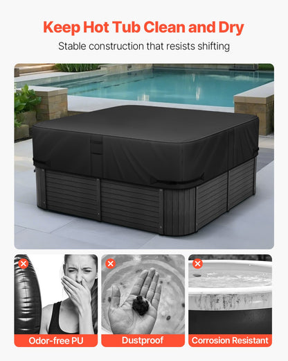 Outdoor Hot Tub Cover, 2160 x 2160 x 508 mm Weatherproof & Waterproof Hot Tub Cover Protector, 600D Heavy Duty Oxford Fabric and 950N Tearing Strength, Square Spa Covers for Hottub, Black