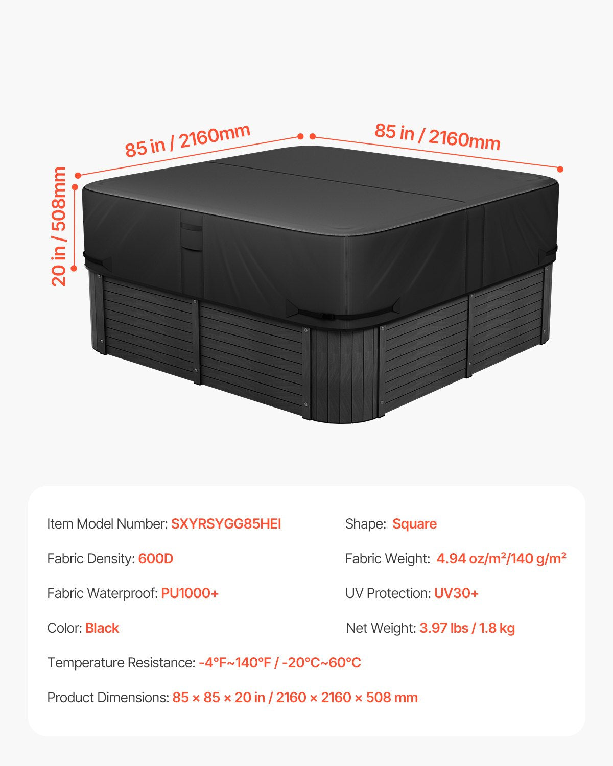 Outdoor Hot Tub Cover, 2160 x 2160 x 508 mm Weatherproof & Waterproof Hot Tub Cover Protector, 600D Heavy Duty Oxford Fabric and 950N Tearing Strength, Square Spa Covers for Hottub, Black