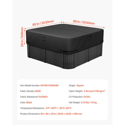 Outdoor Hot Tub Cover 2030x2030x508mm Weatherproof and Waterproof Black