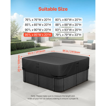 VEVOR Outdoor Hot Tub Cover 2413x2413x508mm Weatherproof and Waterproof Black