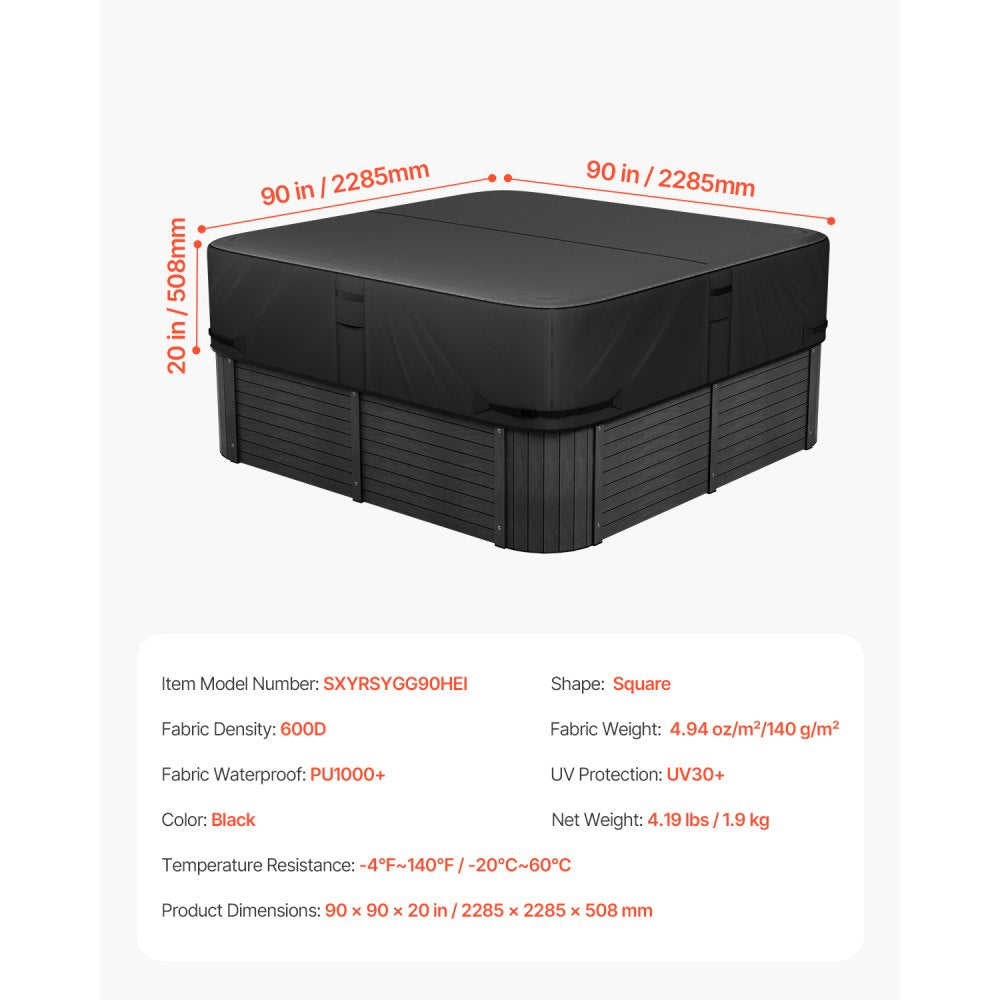 VEVOR Outdoor Hot Tub Cover 2285x2285x508mm Weatherproof and Waterproof Black