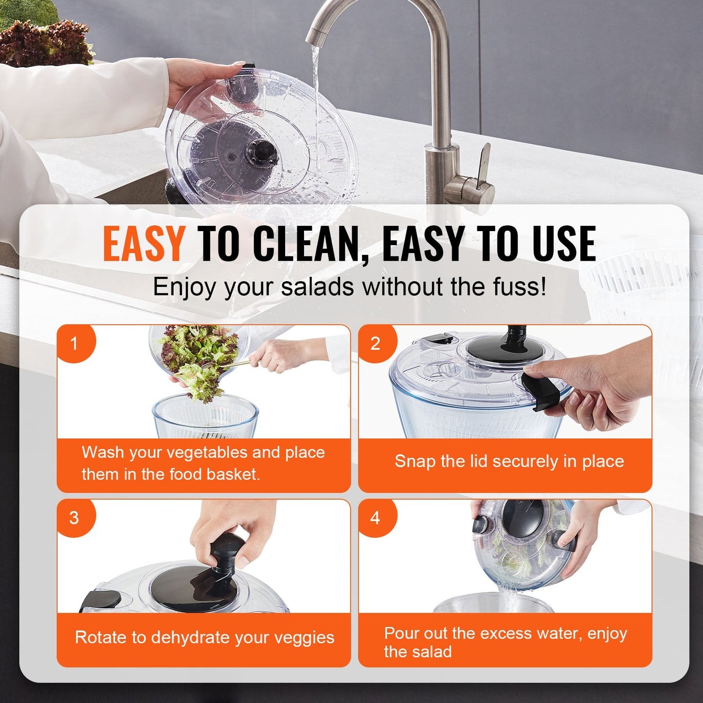 Glass Salad Spinner, 4.5L, One-Handed Press Vegetable Dryer with Borosilicate Bowl