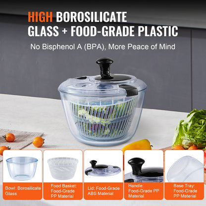VEVOR Glass Salad Spinner, 4.5L, One-handed Easy Press Large Vegetable Dryer Washer,